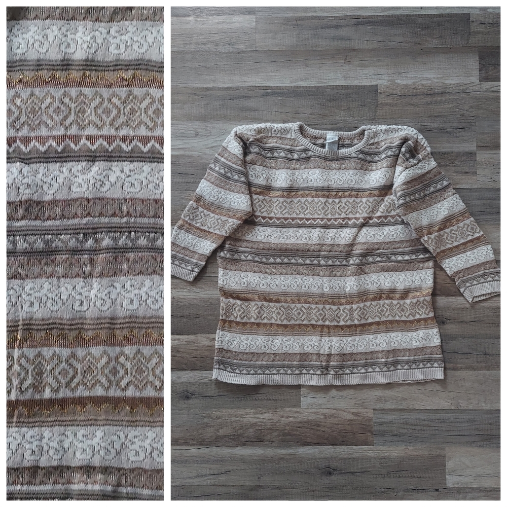 Vintage 80s 90s Gold Tan Patterned Stripe Sweater Large